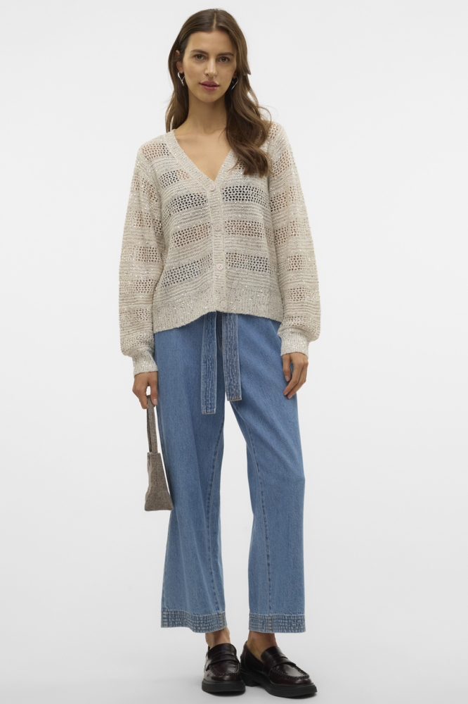 VMLEILANI STRIPE LS V-NECK CARDIGAN 10327775 Birch/W. SILVER